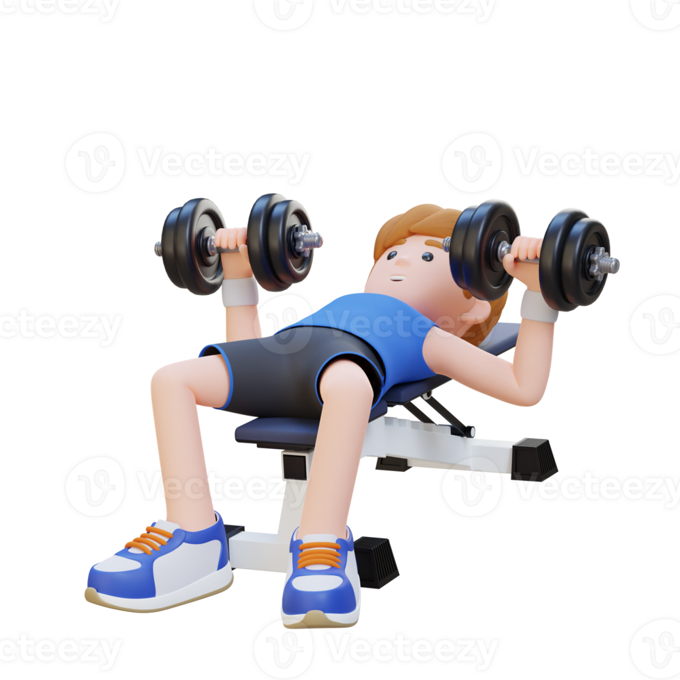 3D Sportsman Character Sculpting Muscular Physique with Dumbbell Bench Press png