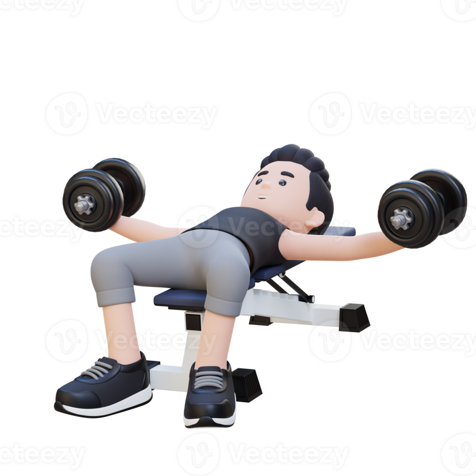 3D Sportsman Character Sculpting Muscular Chest with Dumbbell Bench Chest Fly png