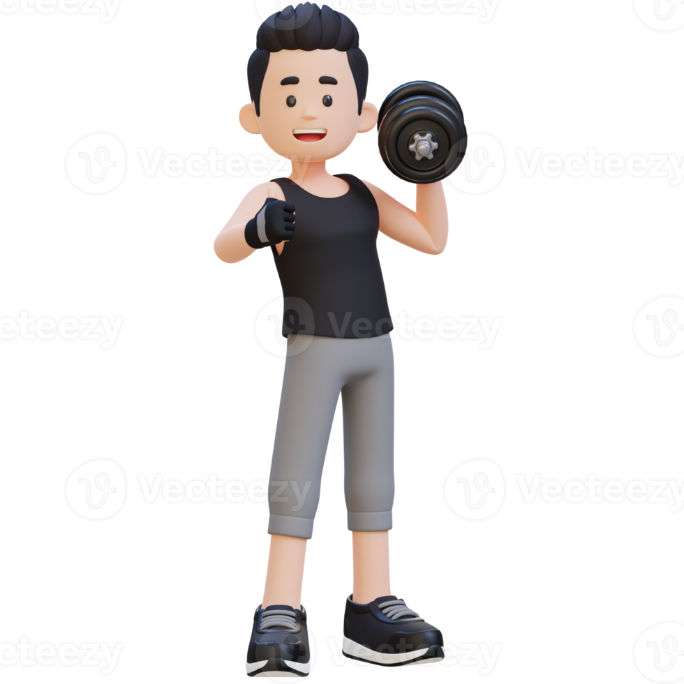 3D Sportsman Character Giving a Thumbs Up While Holding Dumbbell png