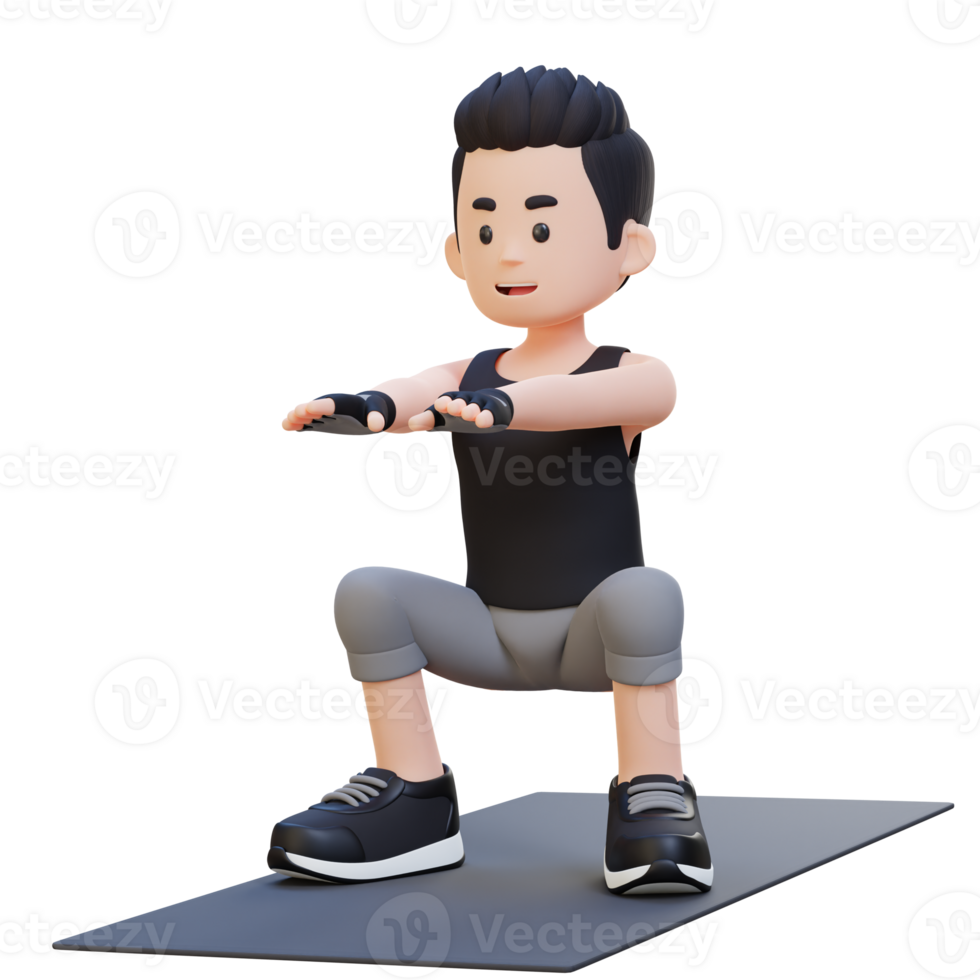 3D Sporty Male Character Mastering Squats in Home Gym png