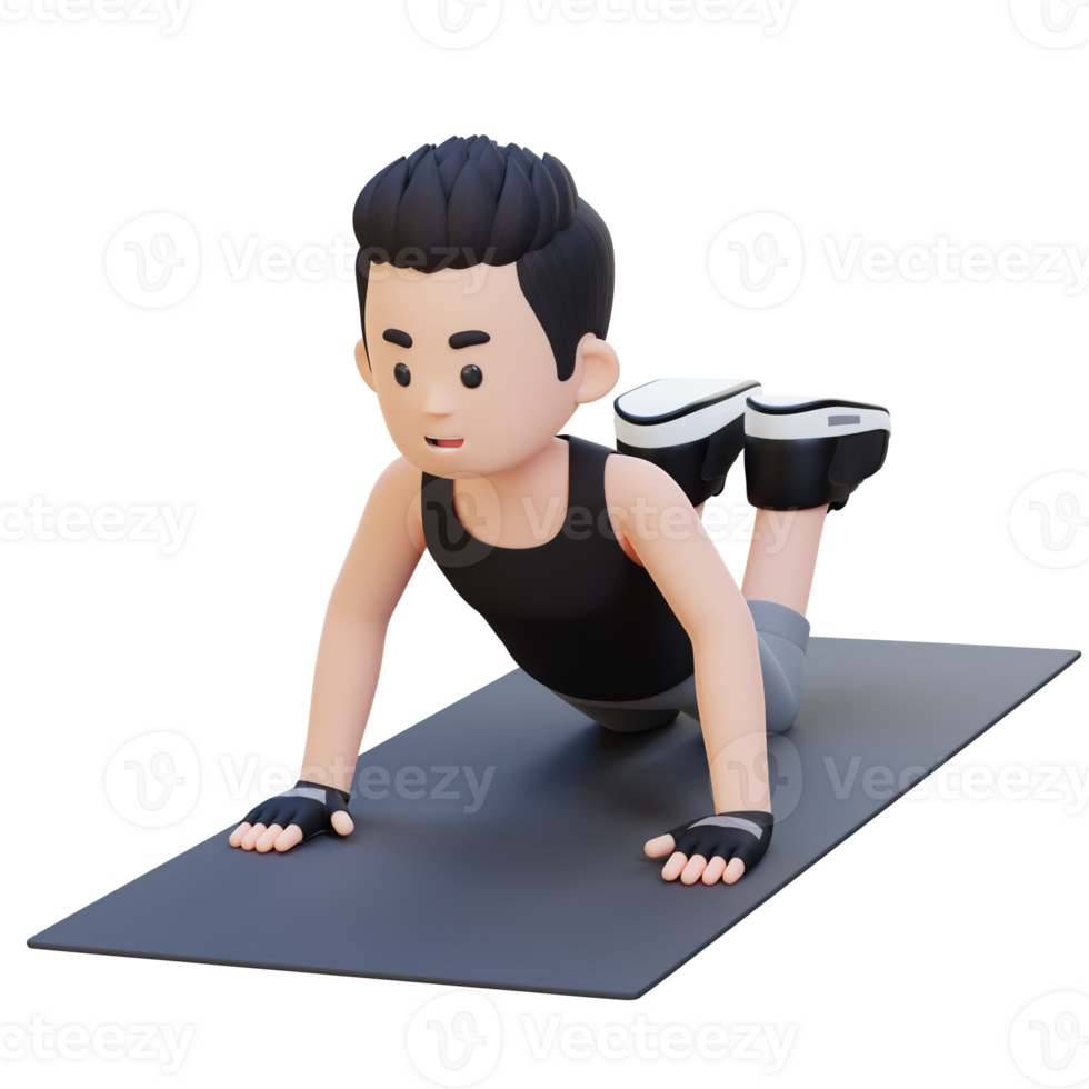 3D Sporty Male Character Mastering Knee Push Up Exercise at Home Gym png