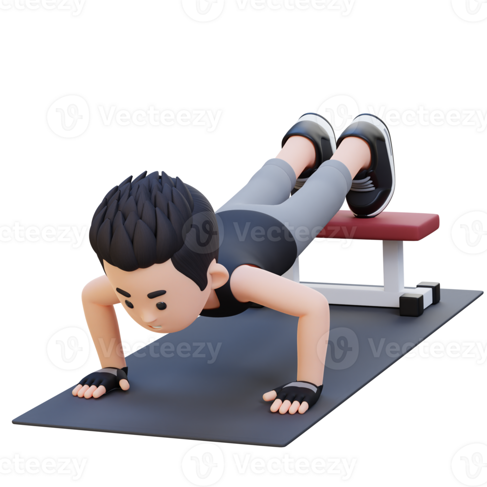 3D Sporty Male Character Performing Decline Push Up Exercise at the Gym png