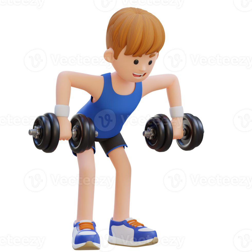 3D Sportsman Character performing Rear Delt Rows with Dumbbells png
