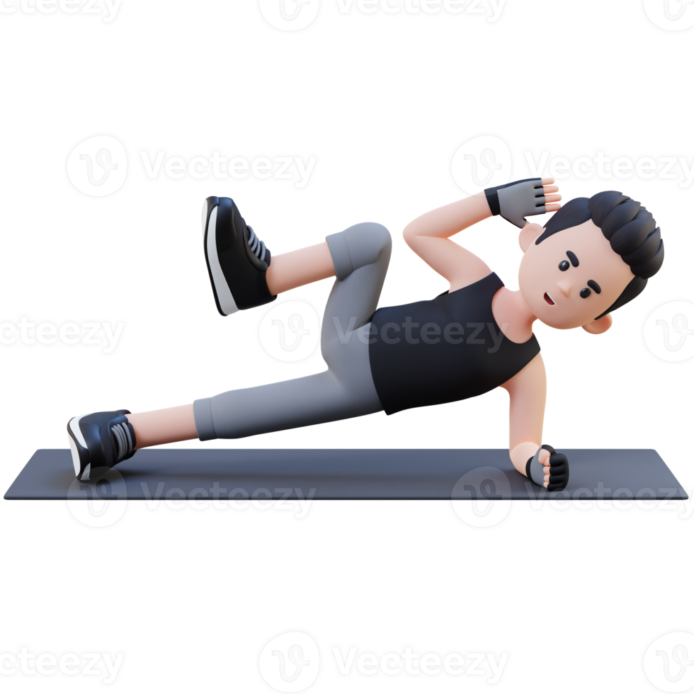 Energetic 3D Sporty Male Character Nailing the Abs Side Plank Crunch Workout at the Gym png