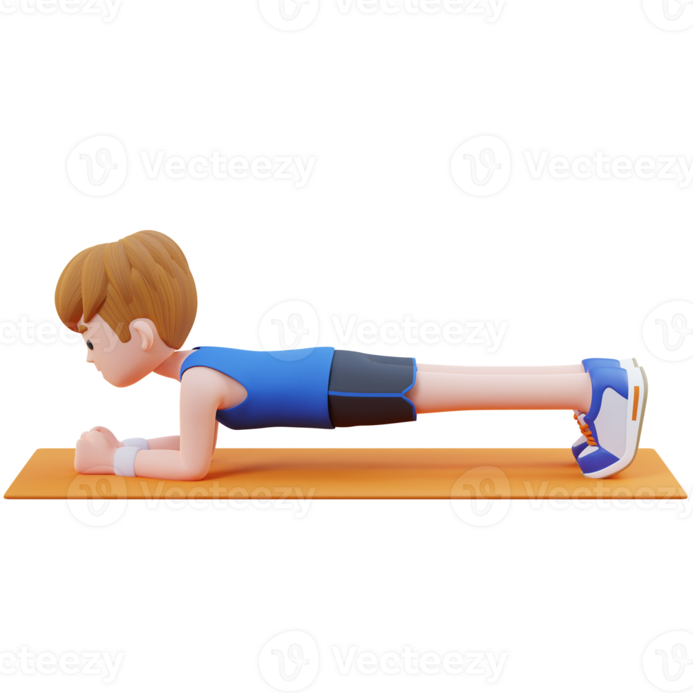 Dynamic 3D Sporty Male Character Mastering the Plank Exercise at Home Gym png