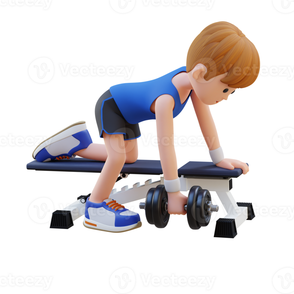 3d deportista personaje esculpir espalda músculos con pesa fila ejercicio png