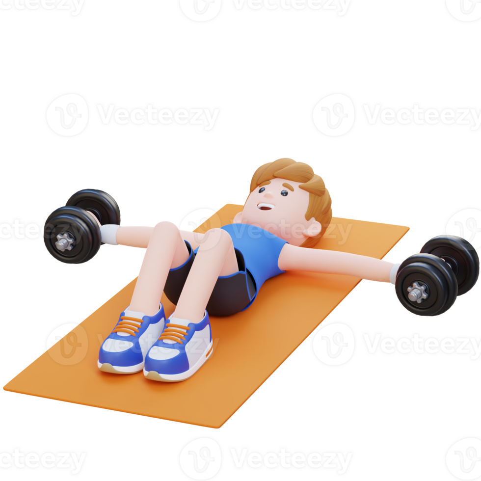 3D Sportsman Character Performing Dumbbell Chest Fly png