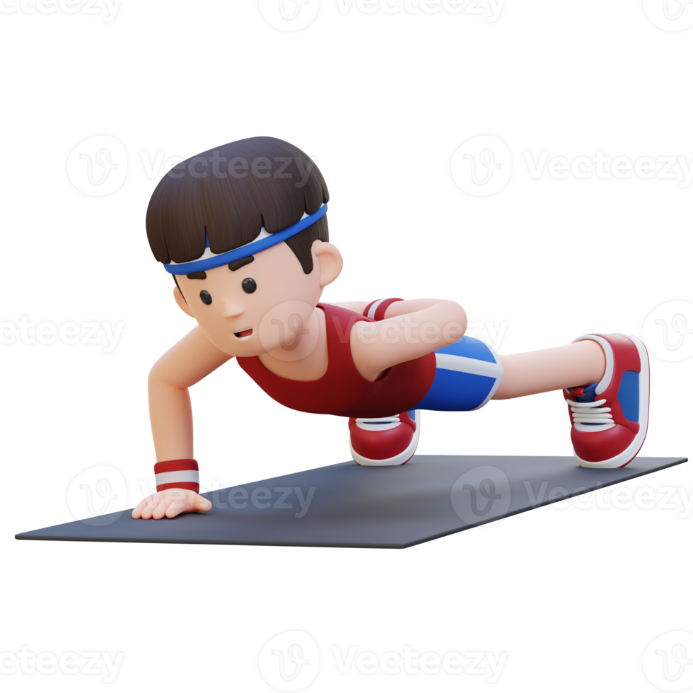 3D Sporty Male Character Mastering Single Arm Push Up at the Gym png