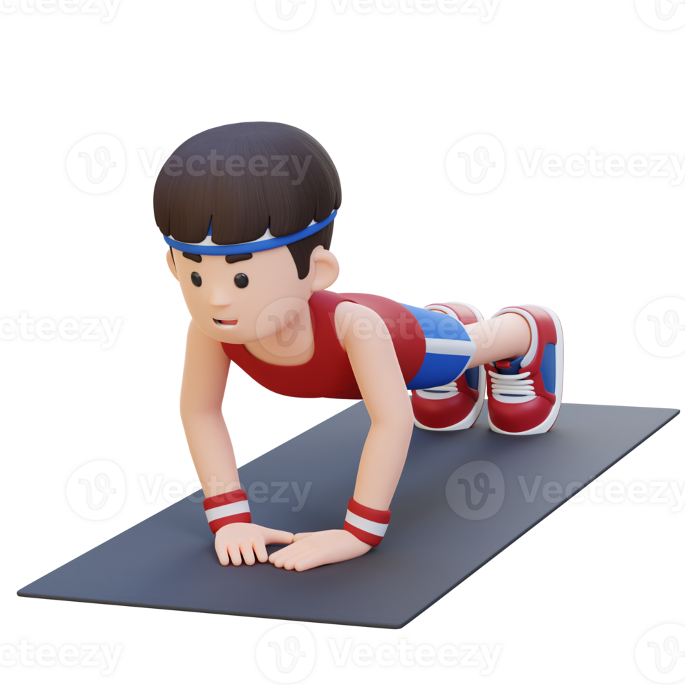 3D Sporty Male Character Performing Close Grip Push Up Exercise at Home Gym png