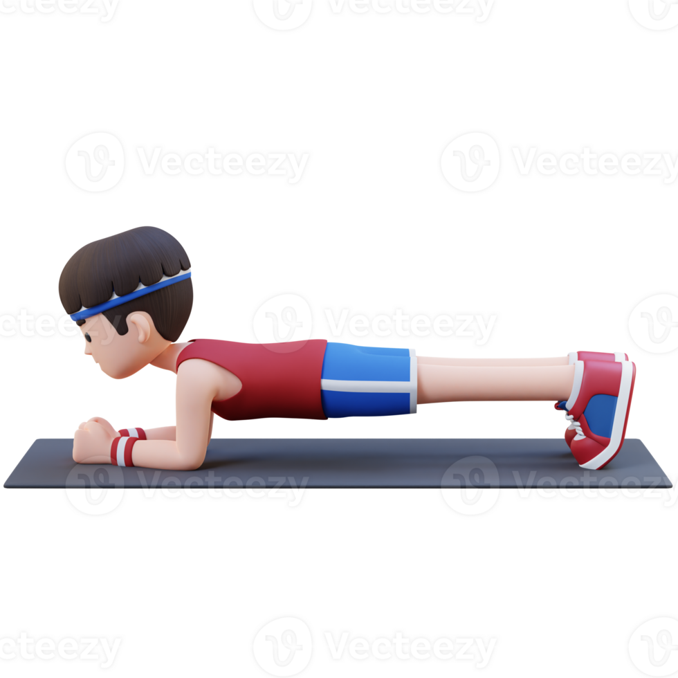 Dynamic 3D Sporty Male Character Mastering the Plank Exercise at Home Gym png