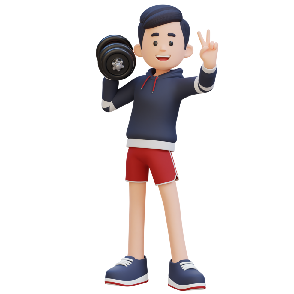 3D Sportsman Character Giving a Peace Sign While Holding Dumbbell png
