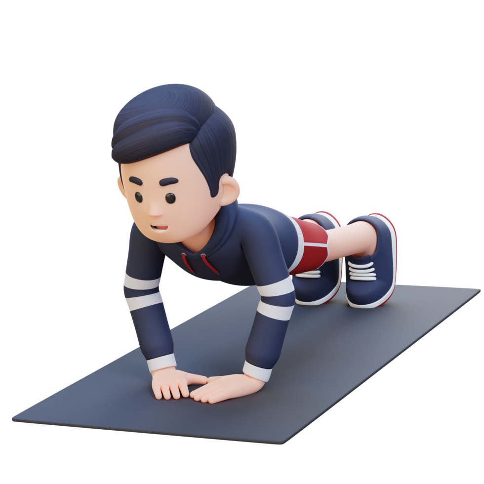 3D Sporty Male Character Performing Close Grip Push Up Exercise at Home Gym png