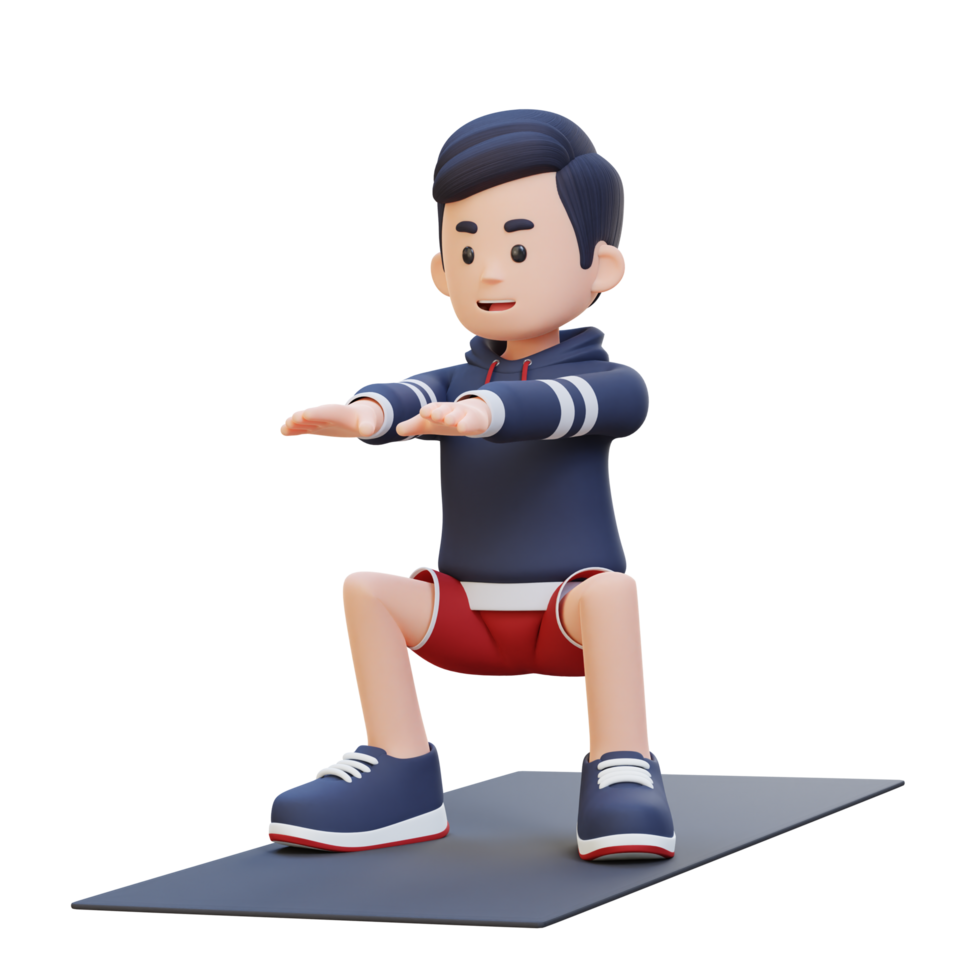 3D Sporty Male Character Mastering Squats in Home Gym png