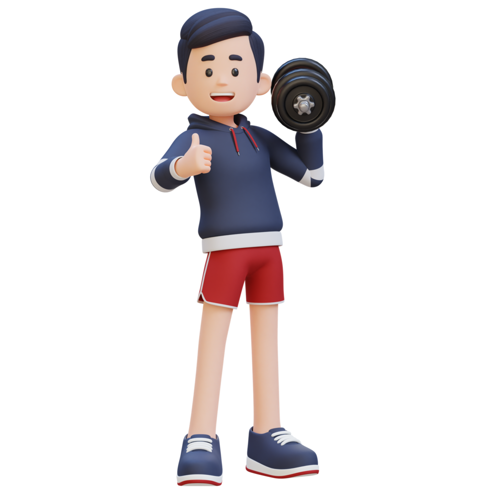 3D Sportsman Character Giving a Thumbs Up While Holding Dumbbell png