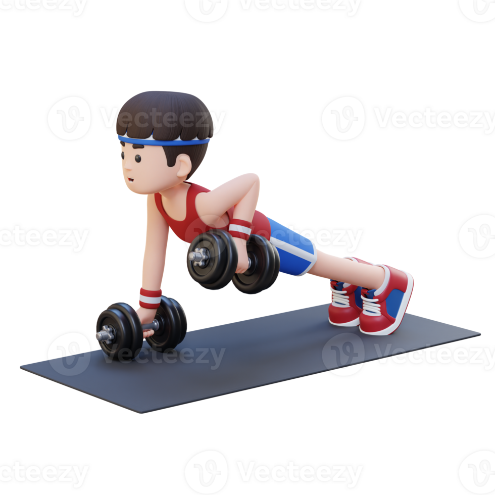 3D Sportsman Character Performing Dumbbell Push Up Row png