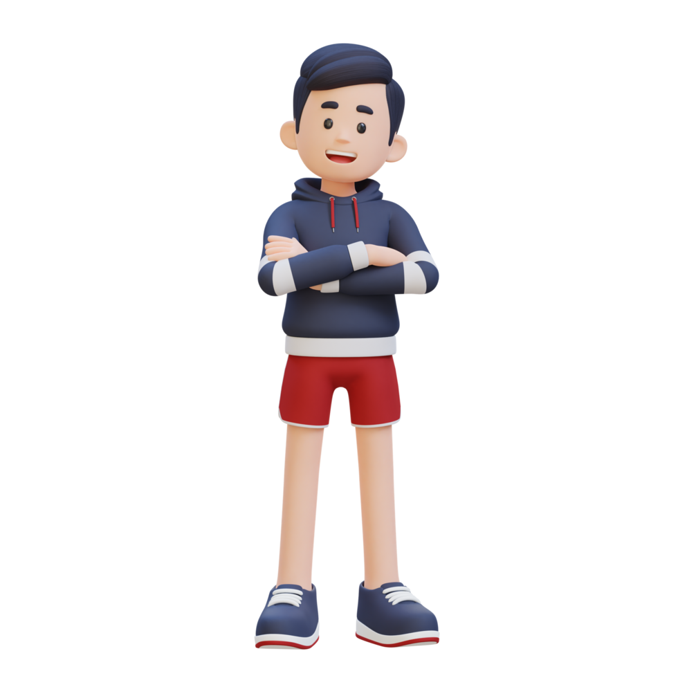 3D Sportsman Character Exuding Confidence with Arms Crossed Pose in a Dynamic Setting png