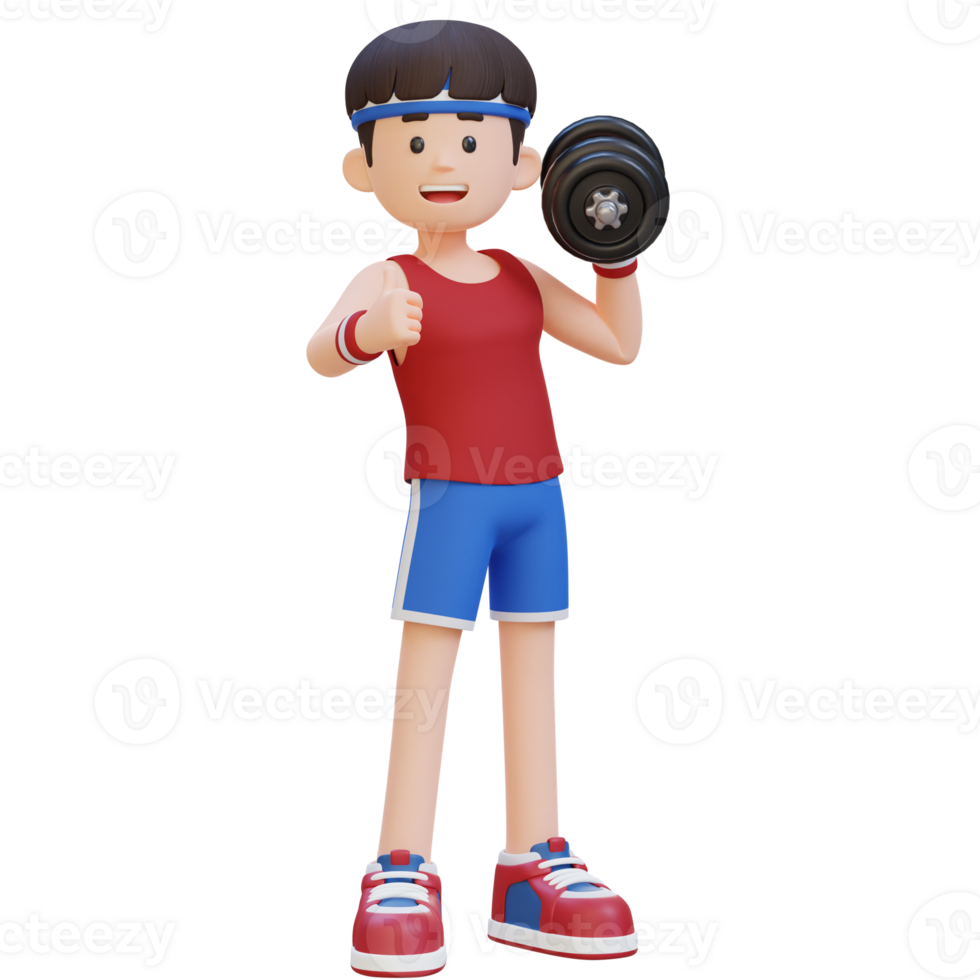 3D Sportsman Character Giving a Thumbs Up While Holding Dumbbell png
