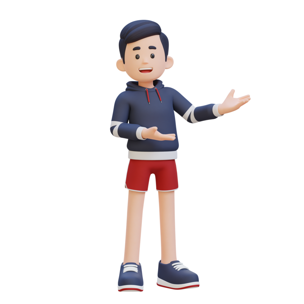 3D Sportsman Character Embracing Confidence with a Dynamic Hand Presentation Pose png