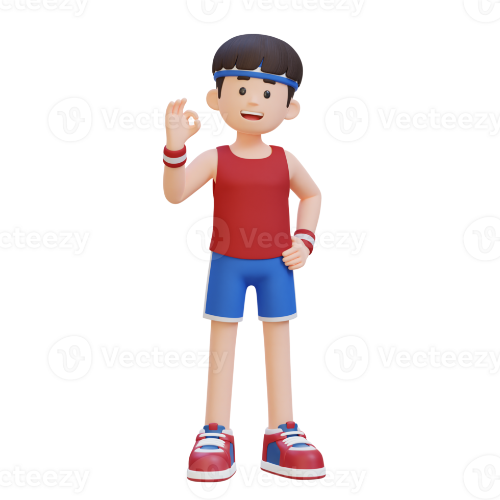 3D Sportsman Character Radiating Positivity with the OK Sign Gesture in a Vibrant Scene png