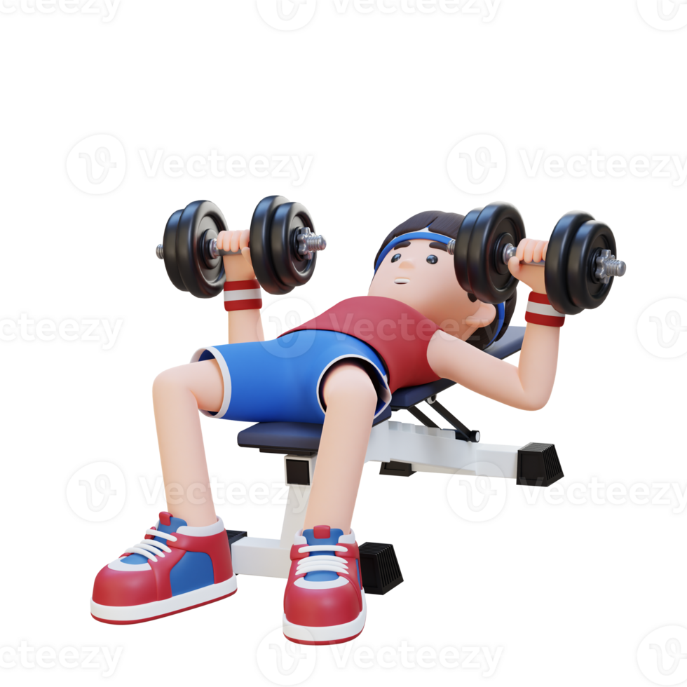 3D Sportsman Character Sculpting Muscular Physique with Dumbbell Bench Press png