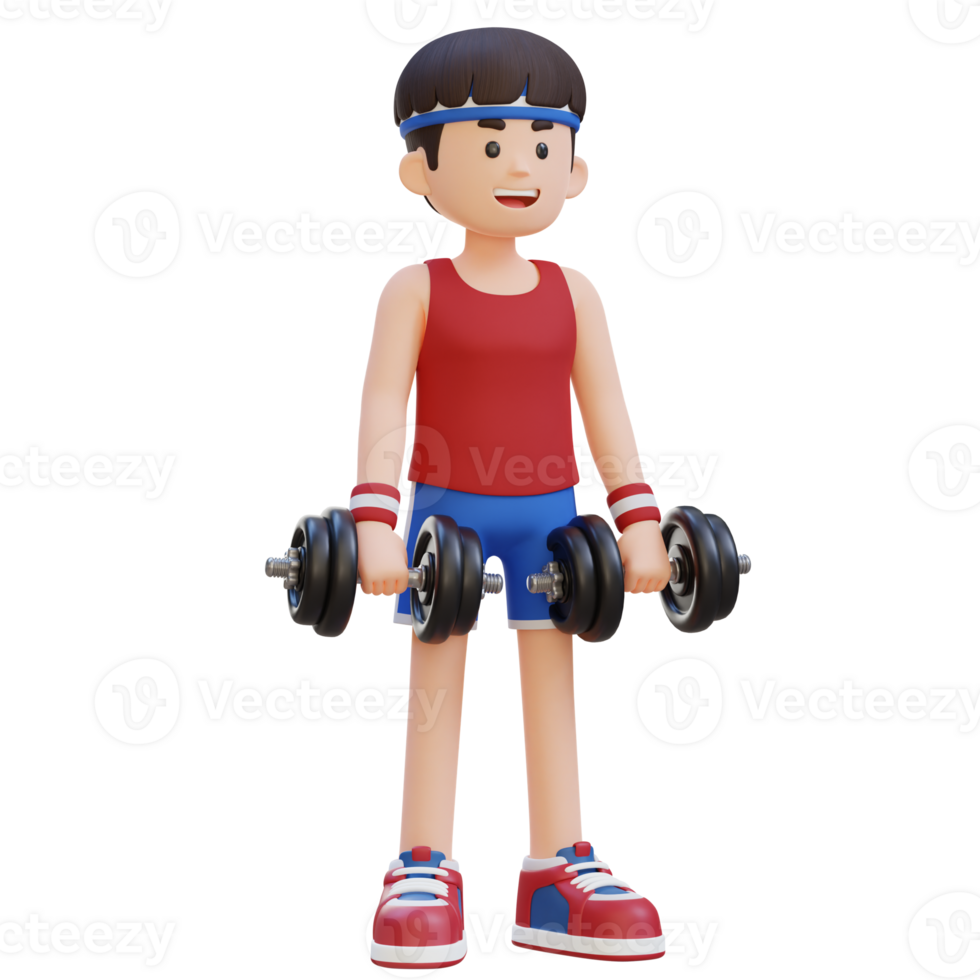 3d deportista personaje ejecutando pesa marcha atrás rizo png