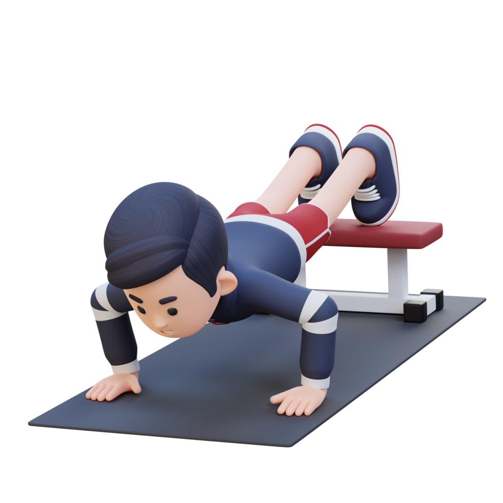 3D Sporty Male Character Performing Decline Push Up Exercise at the Gym png