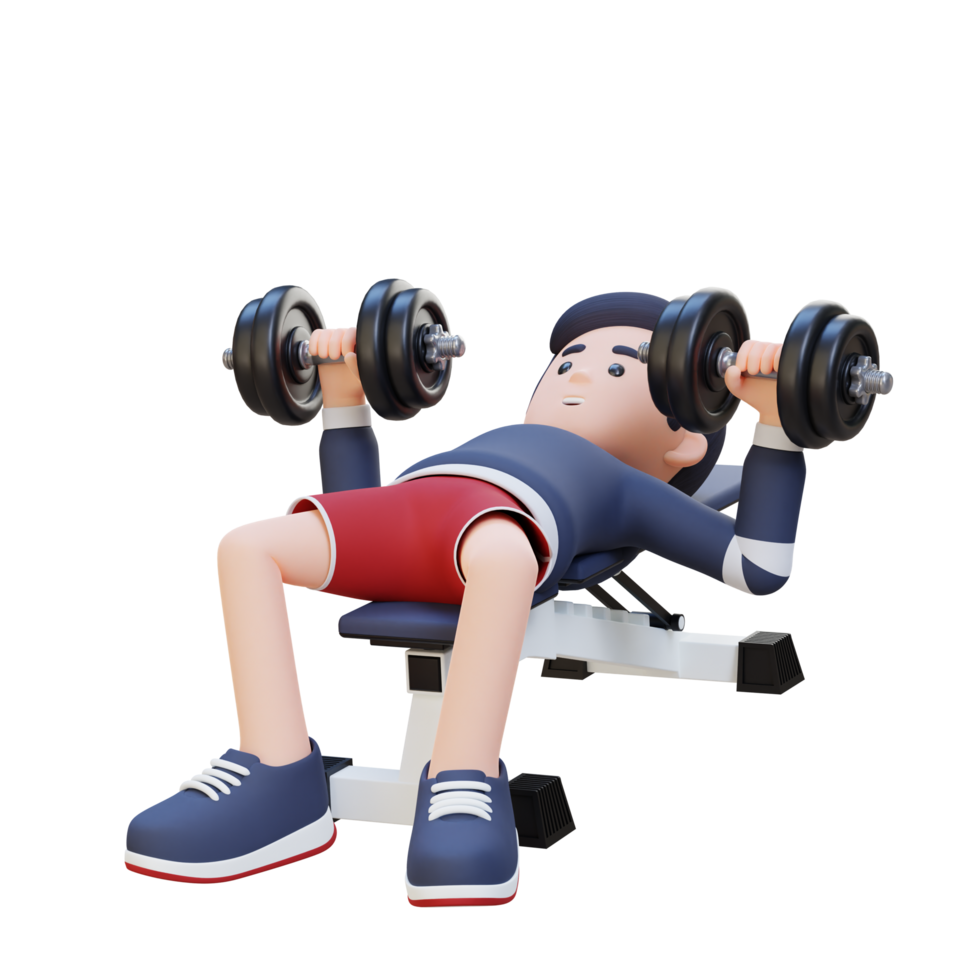 3D Sportsman Character Sculpting Muscular Physique with Dumbbell Bench Press png