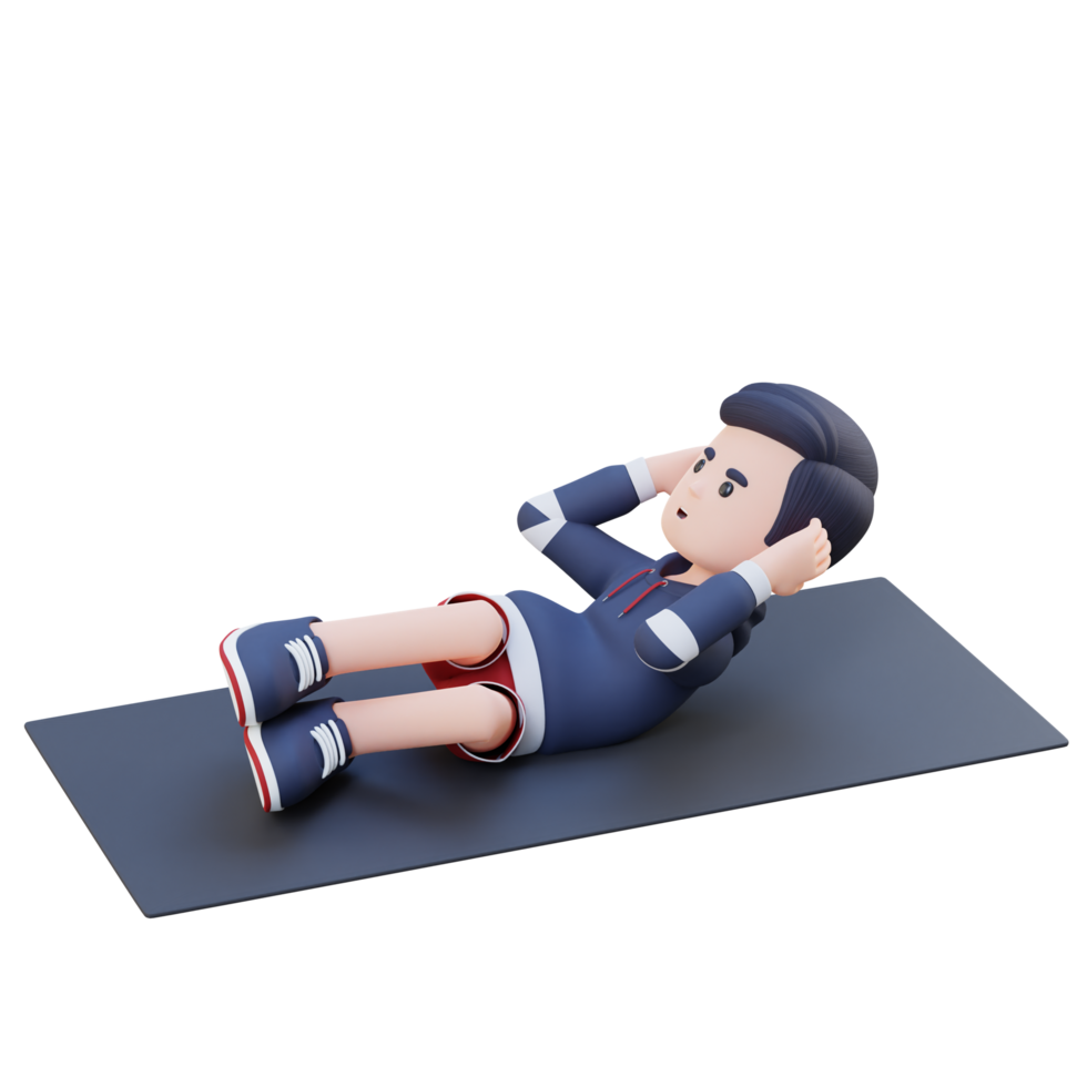 Dynamic 3D Sporty Male Character Engaging in Abs Side Crunch Workout at the Gym png