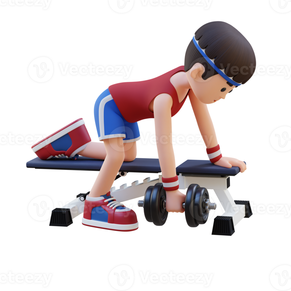 3d sportsman karaktär skulptera tillbaka muskler med hantel rad övning png