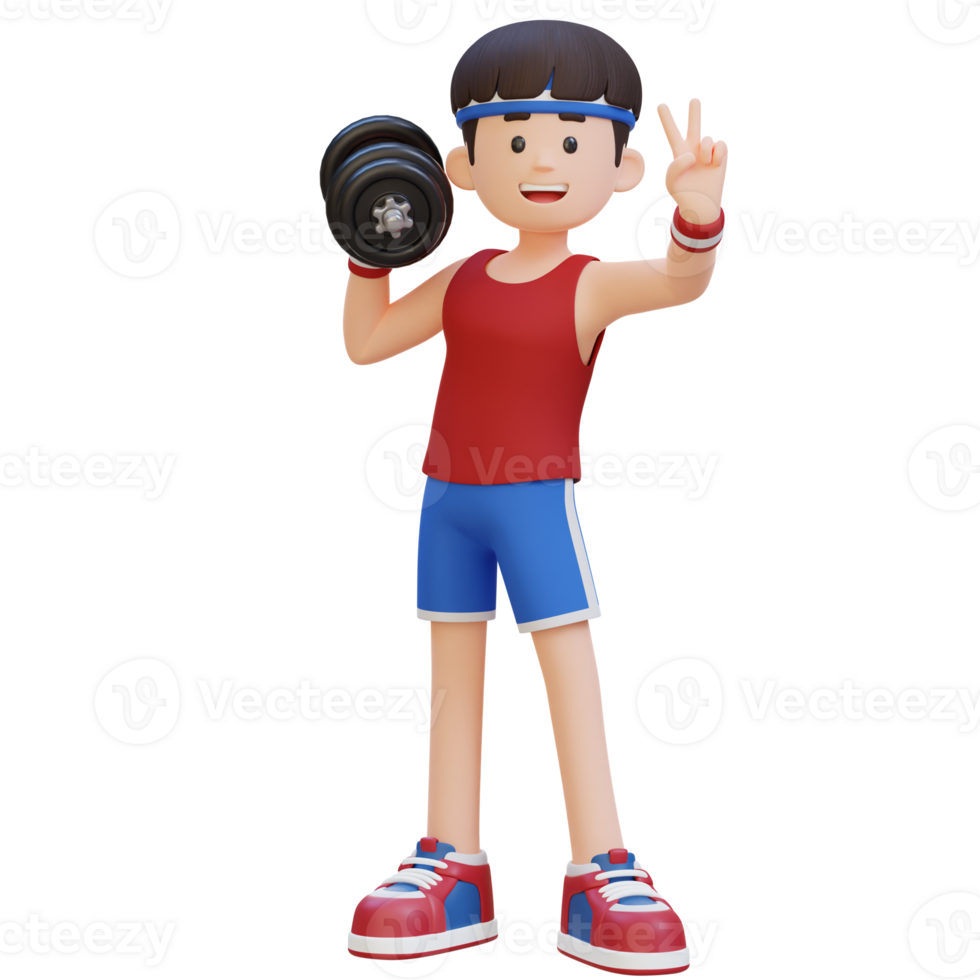 3D Sportsman Character Giving a Peace Sign While Holding Dumbbell png