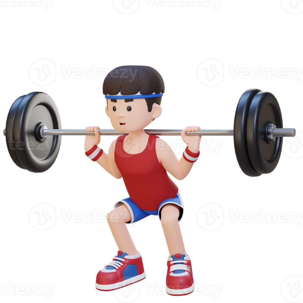 3D Sportsman Character Building Lower Body Strength with Barbell Squat Workout png