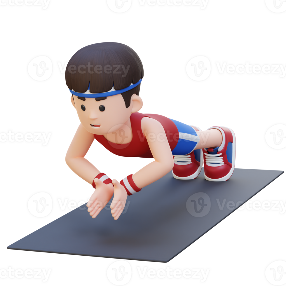 3D Sporty Male Character Performing Clap Push Up Exercise at Home Gym png