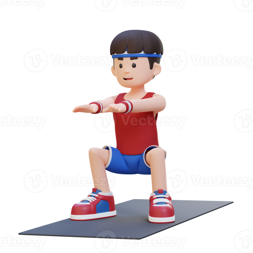 3D Sporty Male Character Mastering Squats in Home Gym png