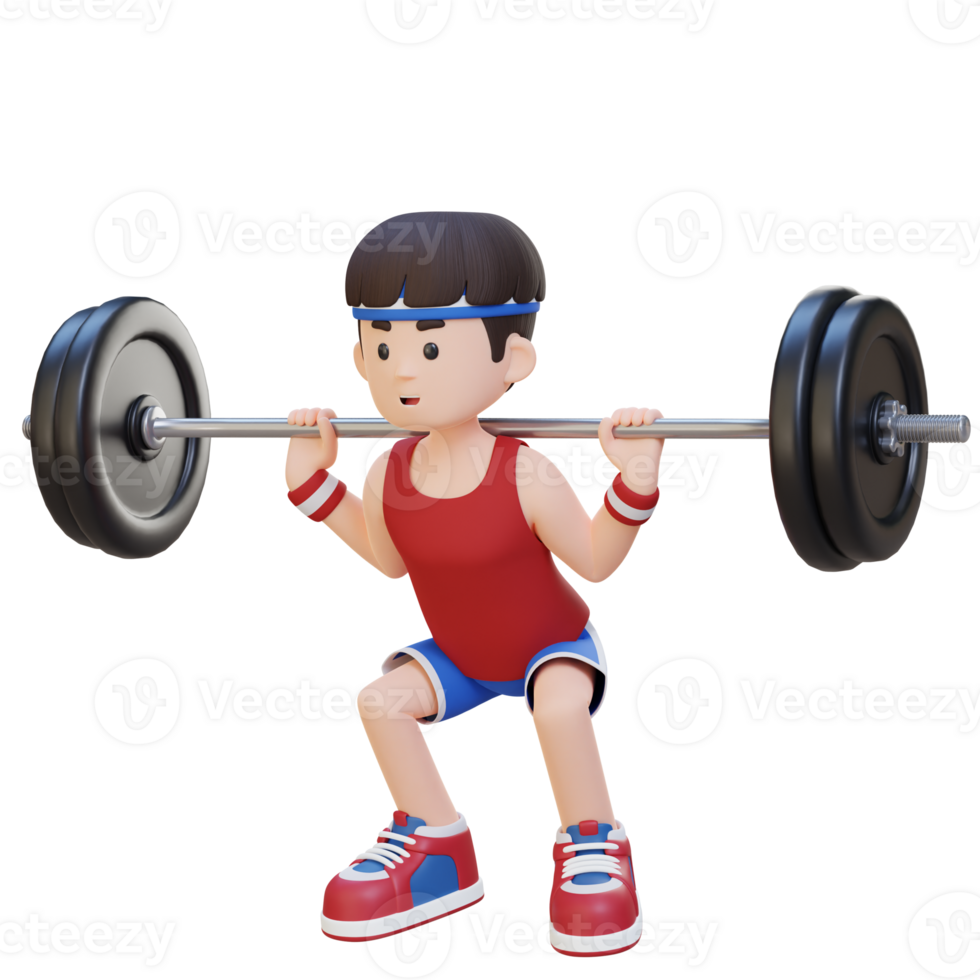 3D Sportsman Character Building Lower Body Strength with Barbell Squat Workout png