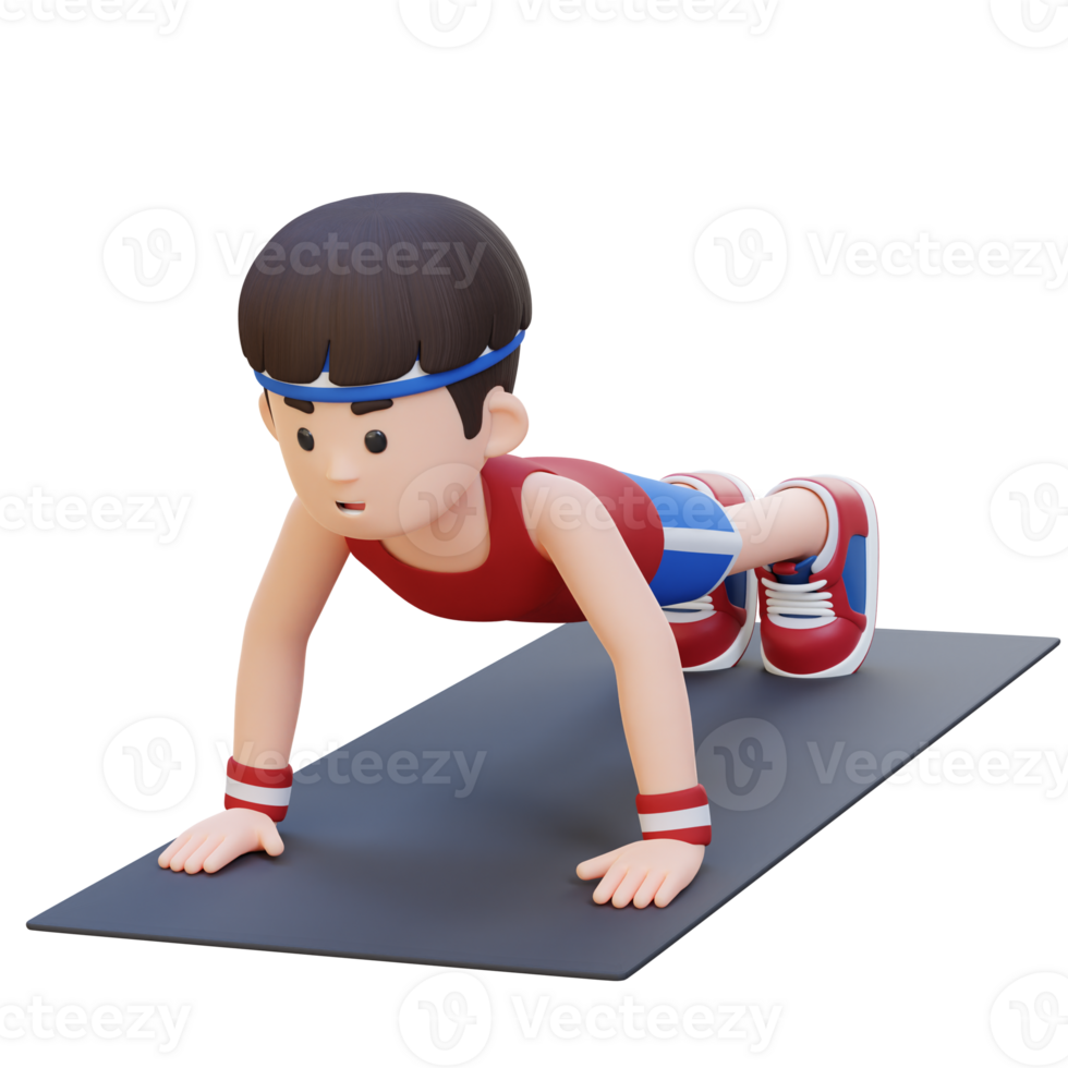 3d deportivo masculino personaje ejecutando estándar empujar arriba ejercicio a hogar gimnasio png