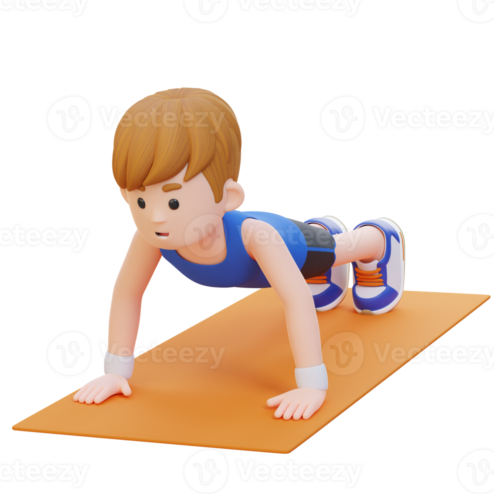 3D Sporty Male Character Performing Standard Push Up Exercise at Home Gym png