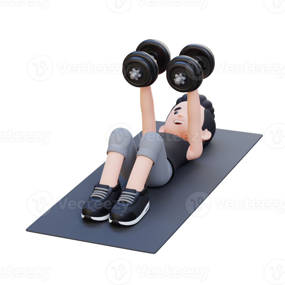 3D Sportsman Character Performing Dumbbell Chest Fly png