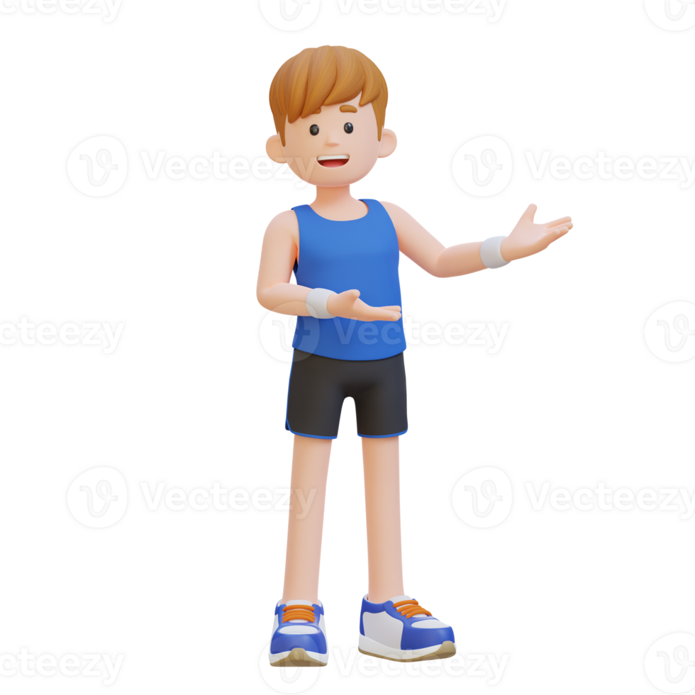 3D Sportsman Character Embracing Confidence with a Dynamic Hand Presentation Pose png