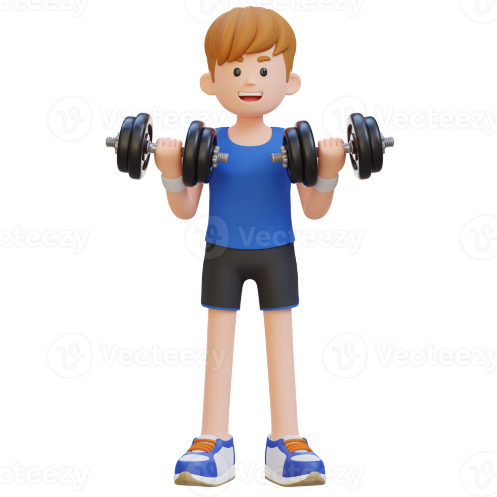 3d deportista personaje ejecutando bíceps rizo con pesa png