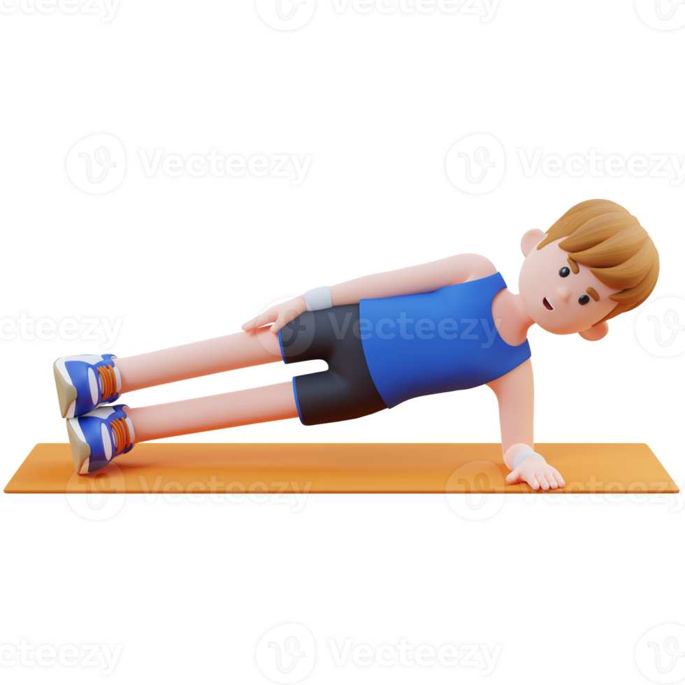 3D Sporty Male Character Nailing the Side Plank Exercise at Home Gym png