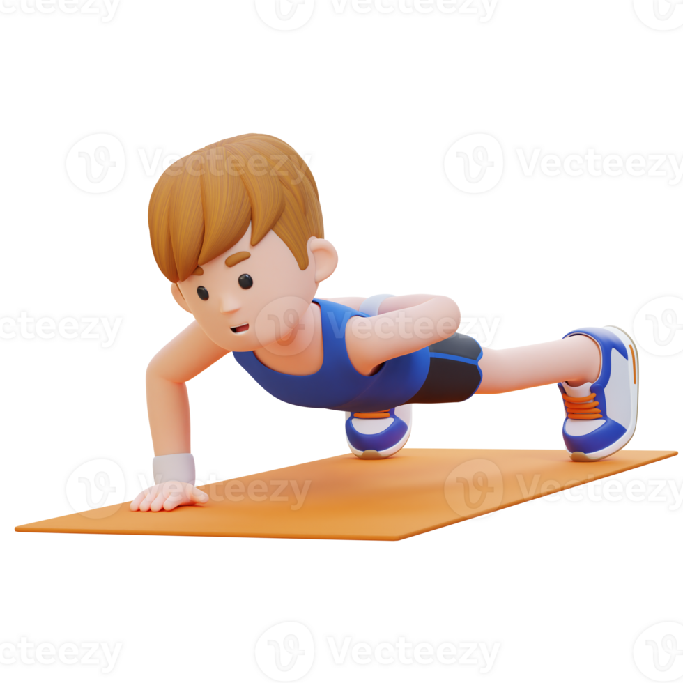 3D Sporty Male Character Mastering Single Arm Push Up at the Gym png