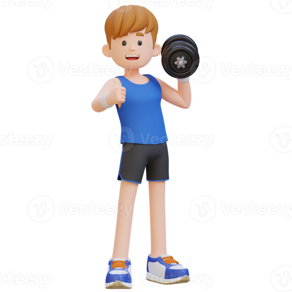 3D Sportsman Character Giving a Thumbs Up While Holding Dumbbell png