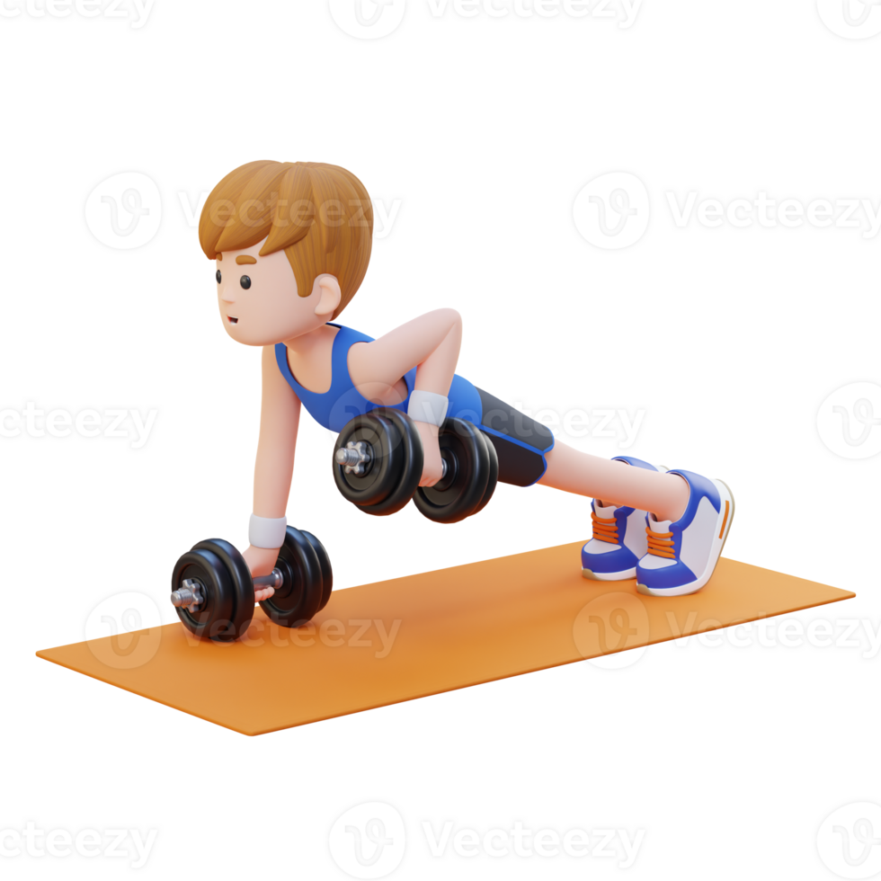 3D Sportsman Character Performing Dumbbell Push Up Row png