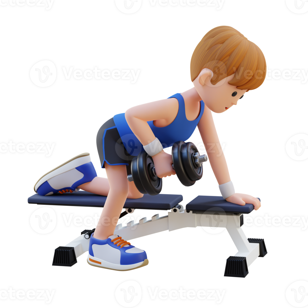 3d deportista personaje esculpir espalda músculos con pesa fila ejercicio png