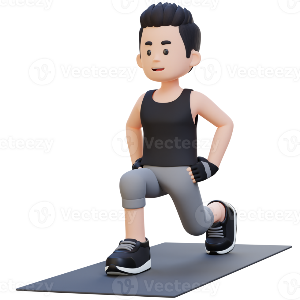 3D Sporty Male Character Performing Dynamic Lunges at the Gym png