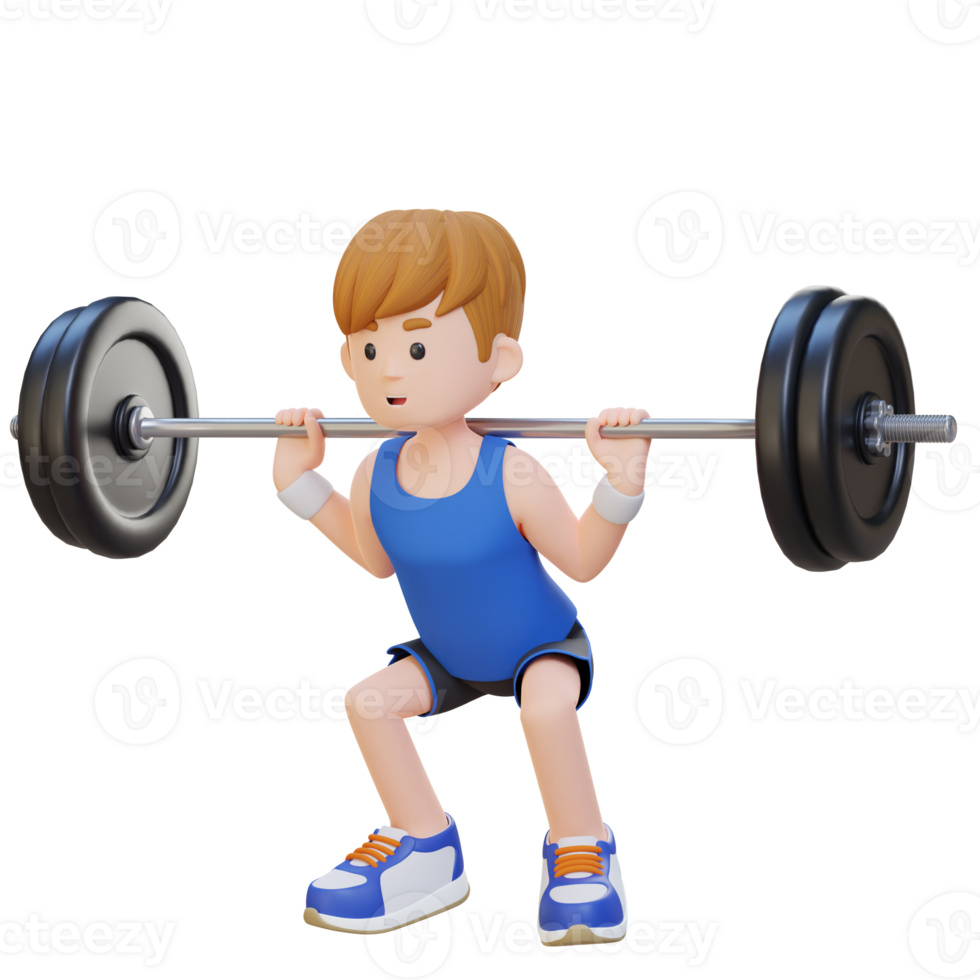 3D Sportsman Character Building Lower Body Strength with Barbell Squat Workout png