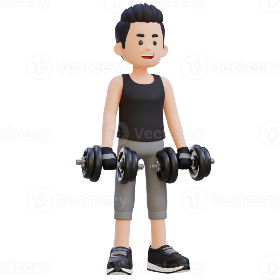 3d deportista personaje ejecutando pesa marcha atrás rizo png