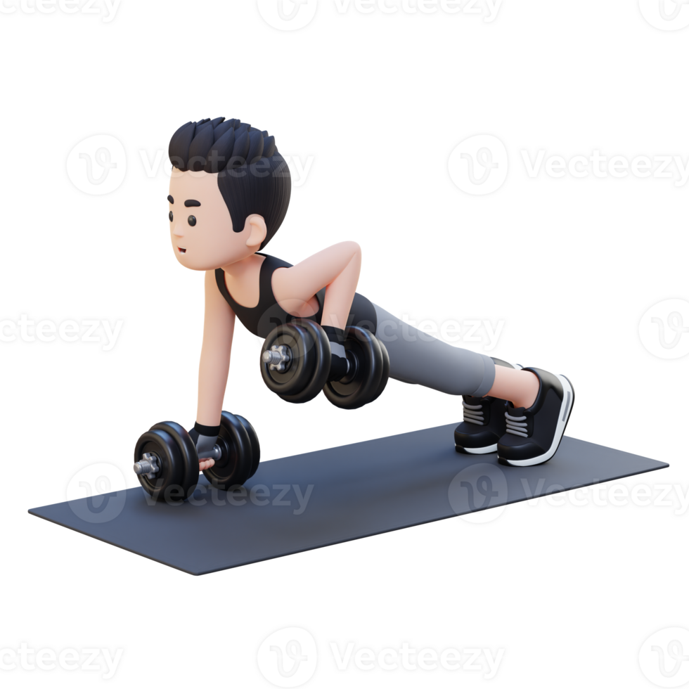 3D Sportsman Character Performing Dumbbell Push Up Row png