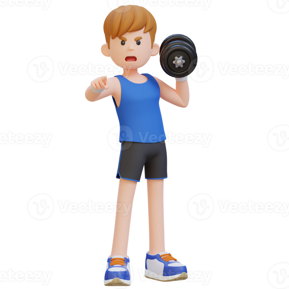 3D Screaming Sportsman Character Engaging Viewers While Holding Dumbbell png