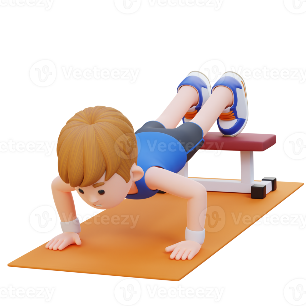 3D Sporty Male Character Performing Decline Push Up Exercise at the Gym png
